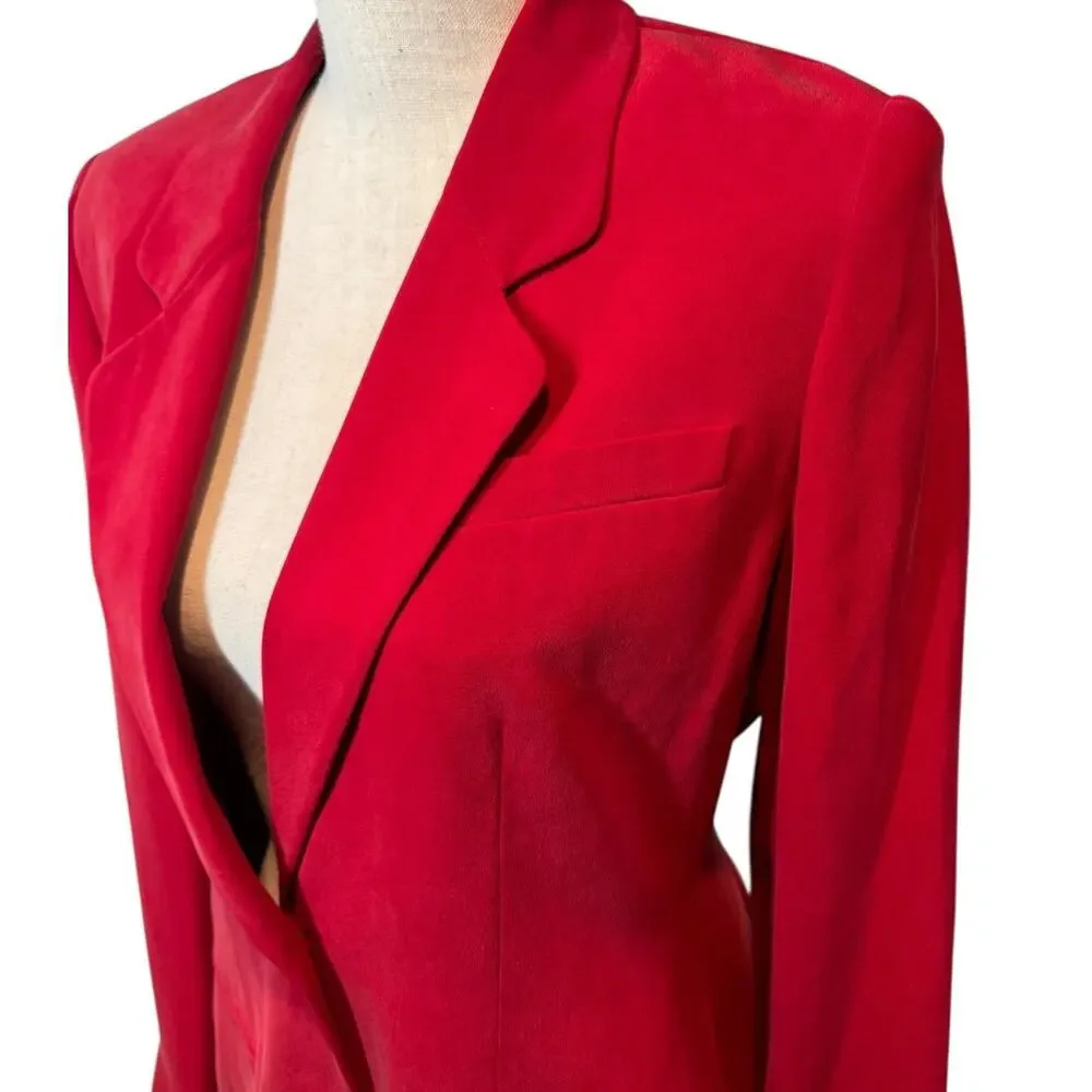 Vintage Chaus‎ Tomato Red 100% Silk Cinch Waist Blazer Medium 90s Office Siren